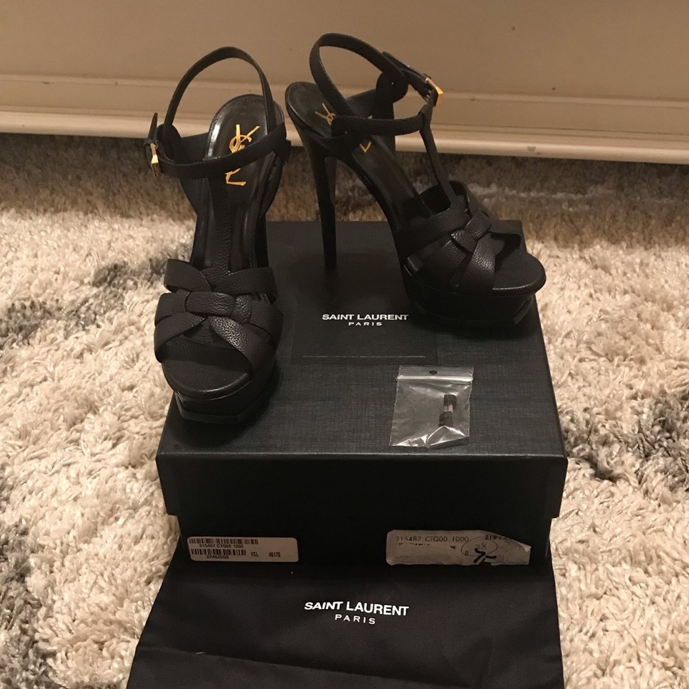 YSL Tribute Platform Pumps Black Leather Sz. 38